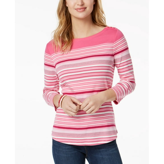 Charter Club Button Shoulder Print Top Merrie Pink Stripes XS