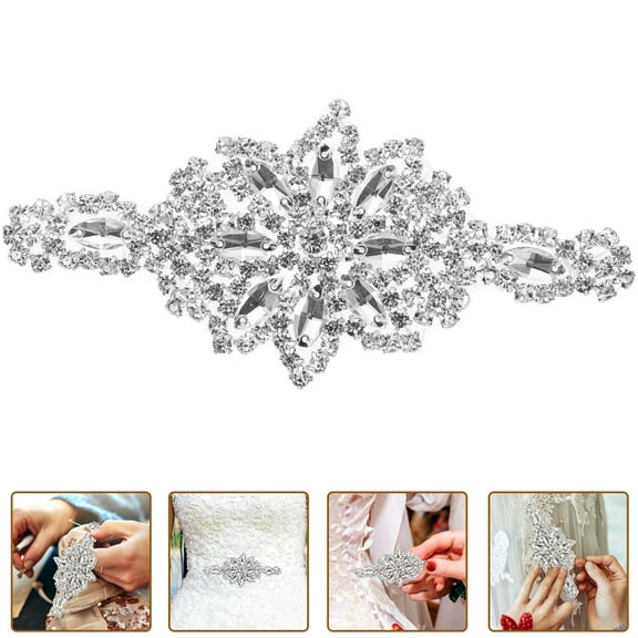 OFFIGAM 1Pcs Rhinestone Patch Silver Custom Shape Diy Iron-on Sew-on Bridal Dress Belt Applique 0.2x2.6x5.3in