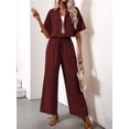 thumbnail image 4 of Women'S Casual 2 Piece Set V-Neck Short-Sleeved Tops Straight Wide Leg Pants Outfit Deep Red XL, 4 of 9