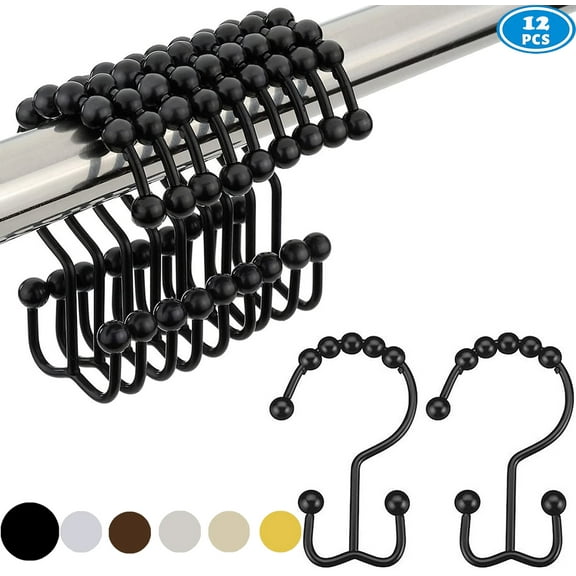 NimJoy Black Shower Curtain Ring Hooks, Rustproof Premium Stainless Steel Rollerball Easy Glide Shower Double-Hook, 12Pk