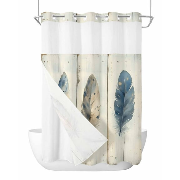 No Hook Shower Curtains with Snap in Liner, Blue Beige Feathers Waterproof Fabric Shower Curtain, Vintage Native Ombre Wood Grain Double Layers & See-Through Top Window Bathroom Curtains 72''x84''