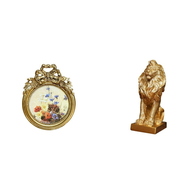 Marco de fotos redondo,Pequeño cuadro dorado vintage para la pared,Marco de fotos redondo decorativo de resina con ornamentos,Figura de león,Estatua de león en