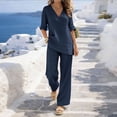 thumbnail image 4 of VBVC Women's 2 Piece Cotton-Linen Outfit Set,3/4 Sleeve Tunic Top and Wide Leg Pants for Women,Ladies V-Neck Breathable Loungewear with Pockets,Navy,S-3XL, 4 of 8