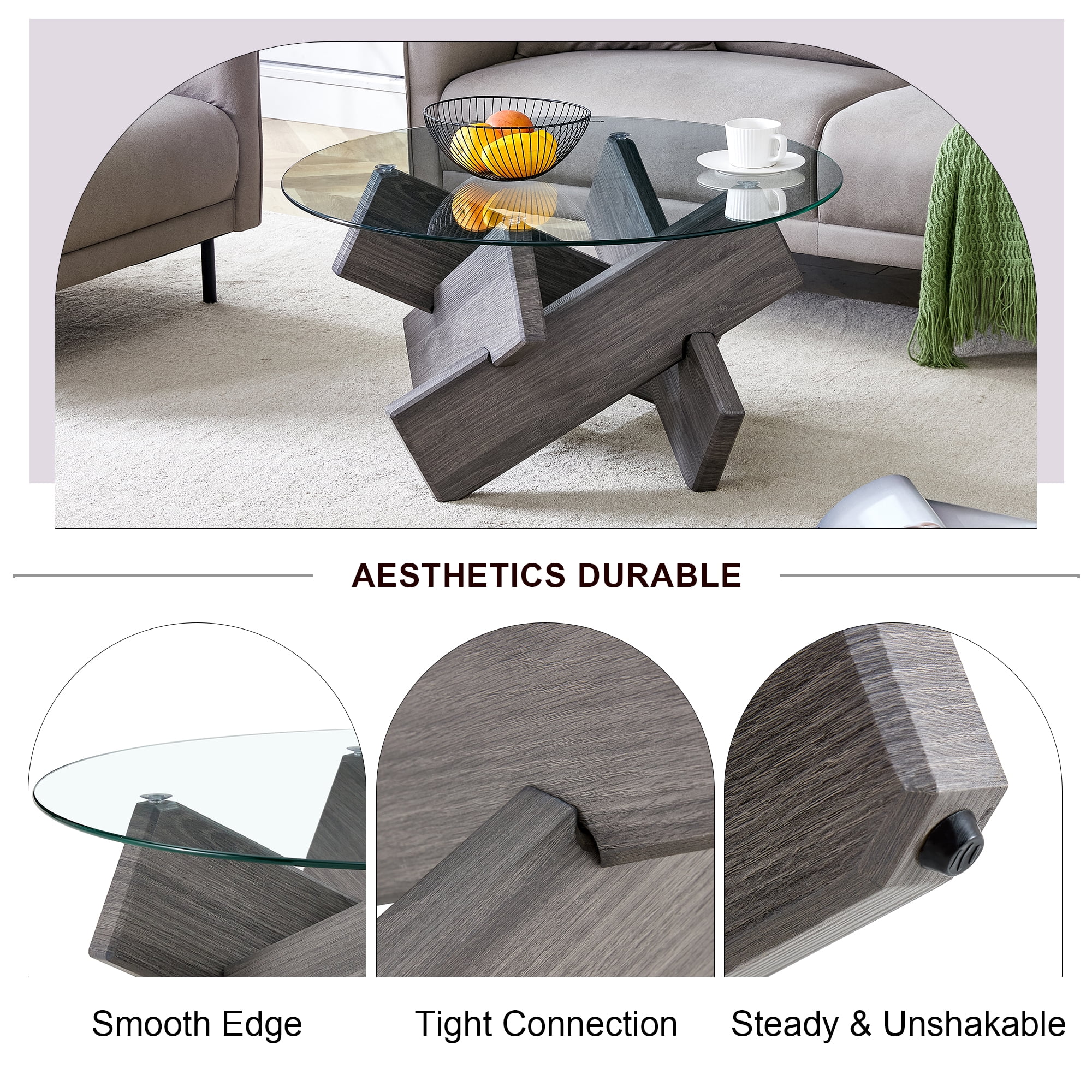NYEESS 33.4" Round Glass Coffee Table with Tempered Top and MDF Legs, Modern Farmhouse Living Room Accent Table
