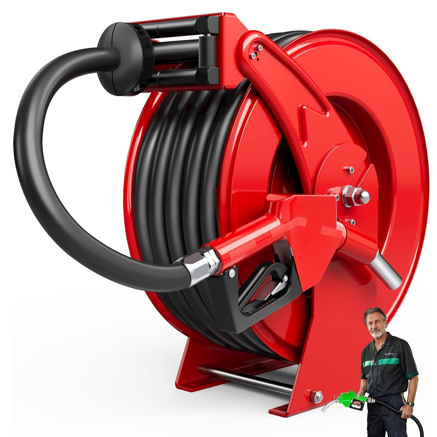 3/4“ x 50ft Diesel Fuel Hose Reel Retractable with Fuel Nozzle, 3/4 Inch Fuel Transfer Pump Hose, Auto Swivel Rewind, Max 300 PSI Tank Hose, Easy Use for Farms Boat Truck Bed Trailer Cart, Red