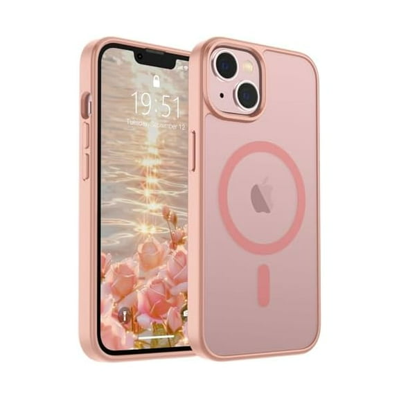 Magnetic for iPhone 14 Case & iPhone 13 Case (Compatible with MagSafe) (Military Grade Drop Protection) Slim Translucent Matte Shockproof Phone Cover,Pink