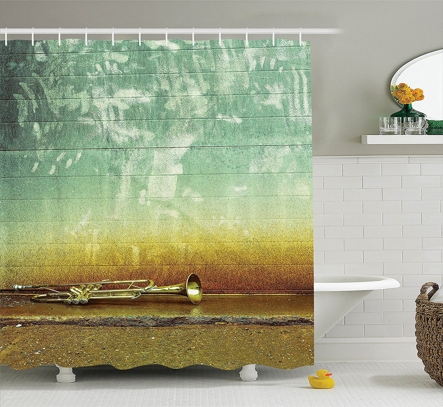 Jazz Music Decor Shower Curtain Set By , Old Worn Trumpet Stands Alone