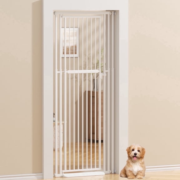 KORIMEFA 47.24"-87" Extra Tall Cat Gate With Wide Adjustable 27.56"-31.5" Pet Gate Pressure Mounted Safety Full Door Gate for Stairs, Hallway, Kitchen, Doorway, White