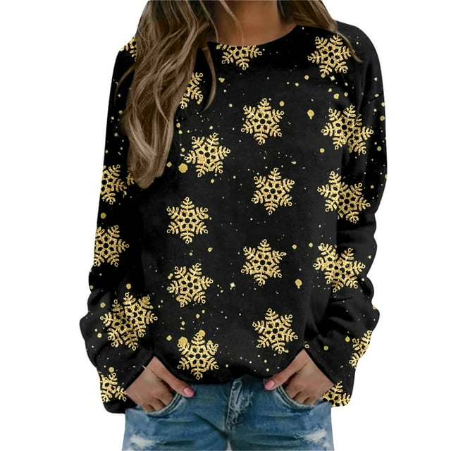 Bmisegm T-Shirt à Manches Longues Col Rond pour Femmes, Imprimé, Noir L