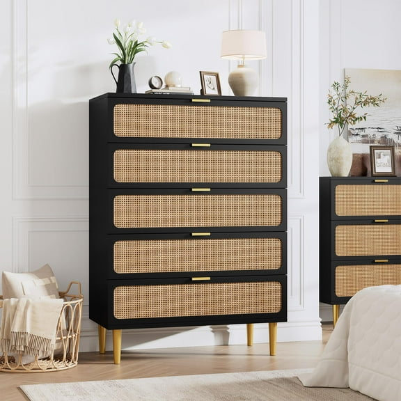 5 Drawer Dresser for Bedroom, Rattan Chest of Drawers with Deep Drawers, Large Modern Double Dresser for Closet with Wide Top, Horizontal Wooden Dresser for Living Room, Hallway, Kids Room