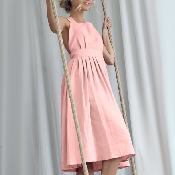 mfyjkho Vestidos de verano para mujer, Vestido de verano para mujer, con tirantes, plisado, liso, sin mangas y espalda descubierta de lino. Vestidos de fiesta para mujer s