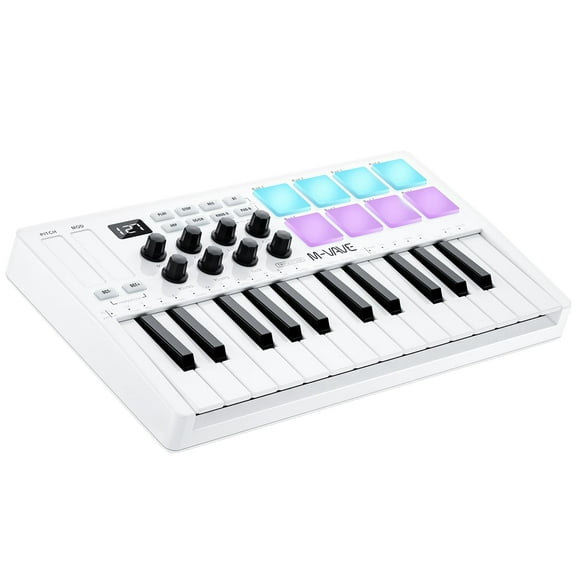 25 Key USB MIDI Keyboard Controller With 8 Backlit Drum Pads, Bluetooth Semi Weighted Professional dynamic keybed 8 Knobs and Music Production,Software Included (White)
