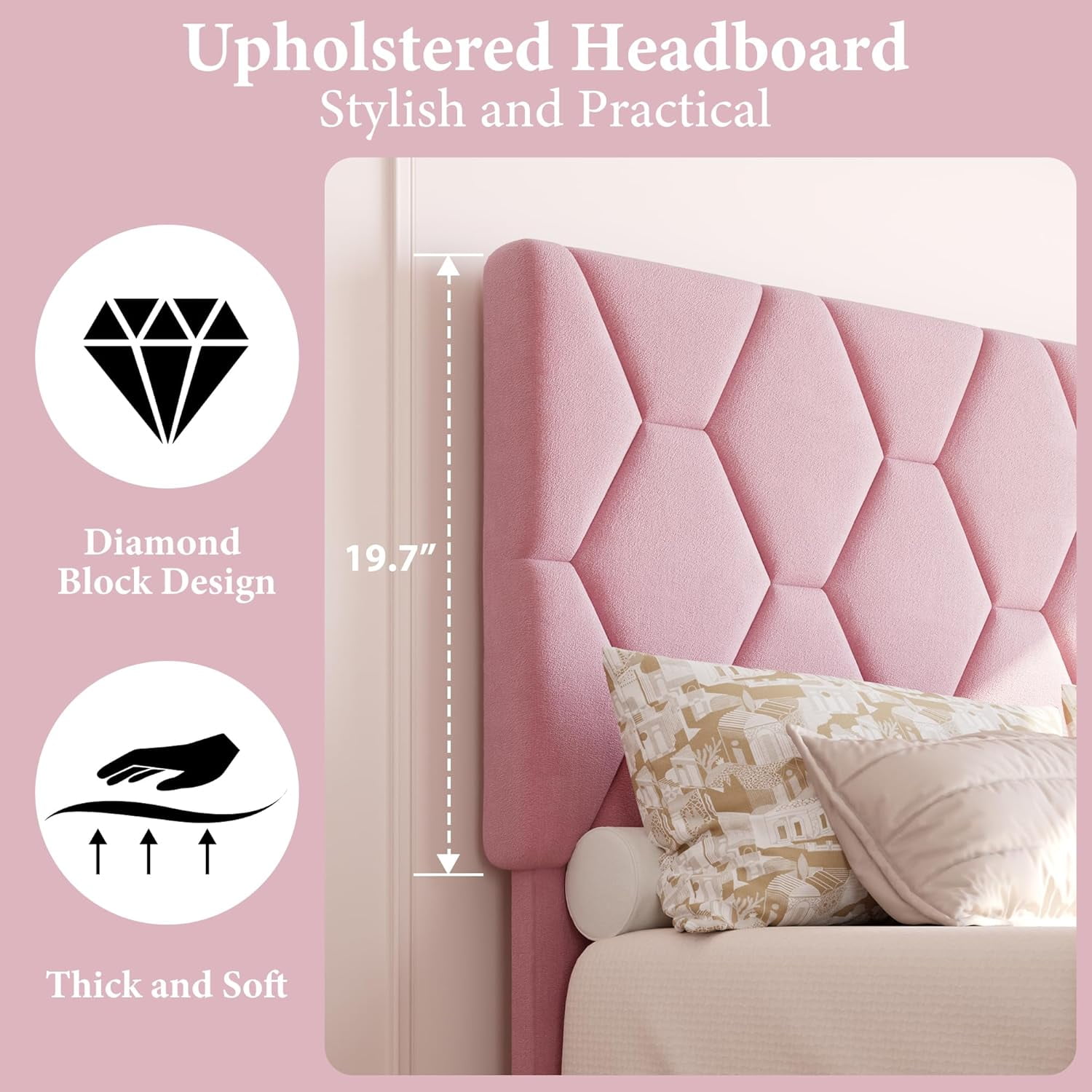 ChaoLink Twin Bed Frame with Upholstered Headboard, Wood Slat Platform, No Box Spring Needed, Noise-Free, Easy Assembly, Pink