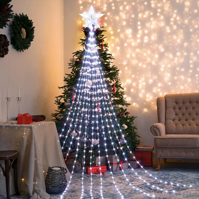 Luces LED en cascada con forma de estrella, adornos navideños, guirnalda de luces, adornos para árbol de Navidad para el hogar, Navidad 2024, Año Nuevo 2025