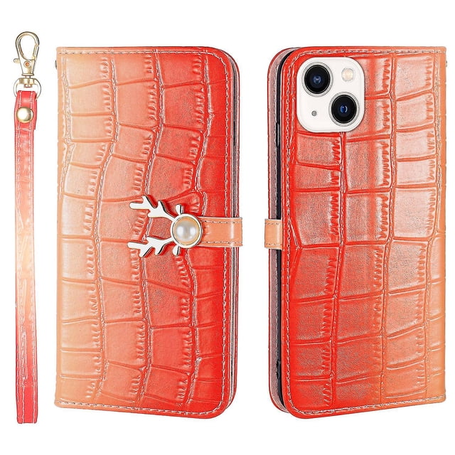 Funda con estampado de alce para iPhone 14 Plus con tarjetero, cordón, piel sintética, función billetera y protección contra caídas en las esquinas.