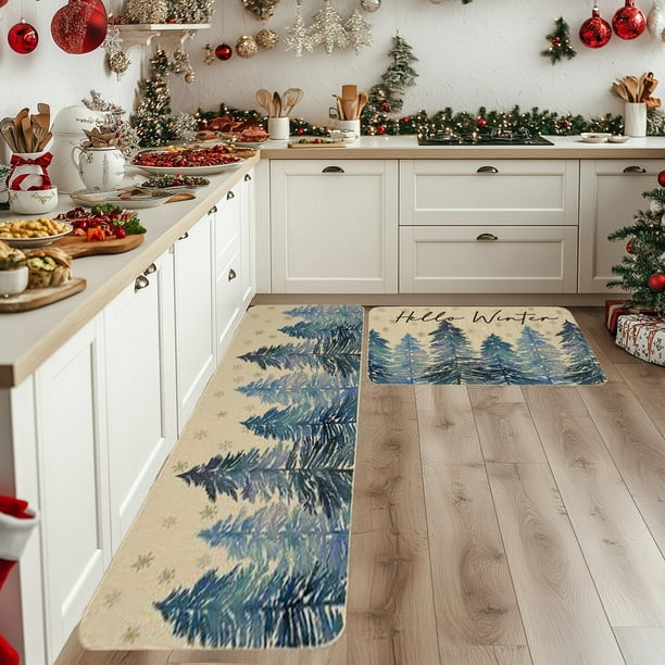 Juego de 2 tapetes navideños para cocina | Tapetes antideslizantes con decoración navideña | Tapetes de poliéster de 40,6 x 60,9 cm y 40,6 x 122,9 cm para decoración navideña
