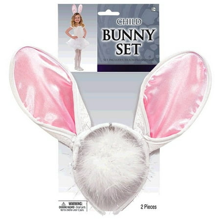 Child Bunny Costume Set Pink White Ears Headband, Tail