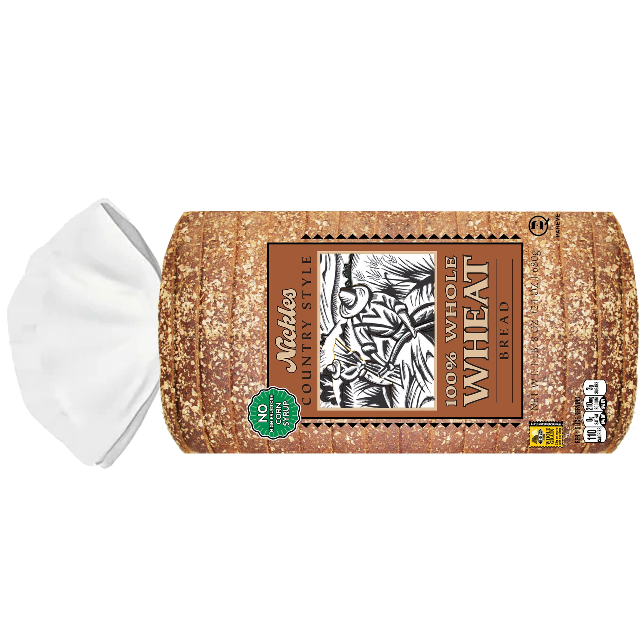 Nickles Bakery Country Style 100% Whole Wheat Bread, 24-ounce Loaf.