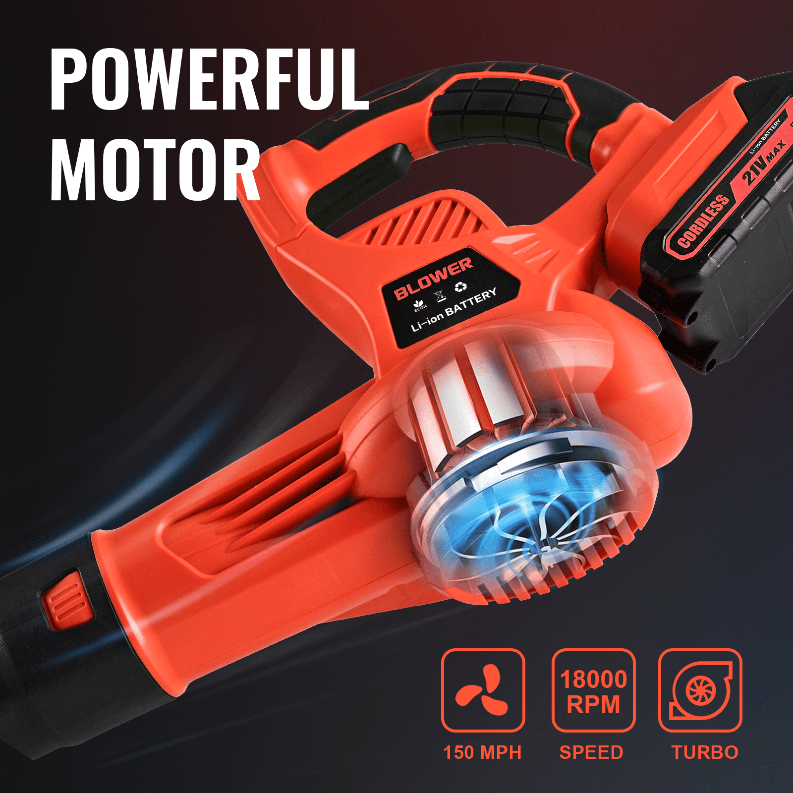 Cordless Leaf Blower 20V Electric Leaf Blower with 450 CFM 150 MPH, Lightweight Handheld Yard Blower with 2 Batteries & Fast Charger for Lawn Patio Driveway Cleaning Orange