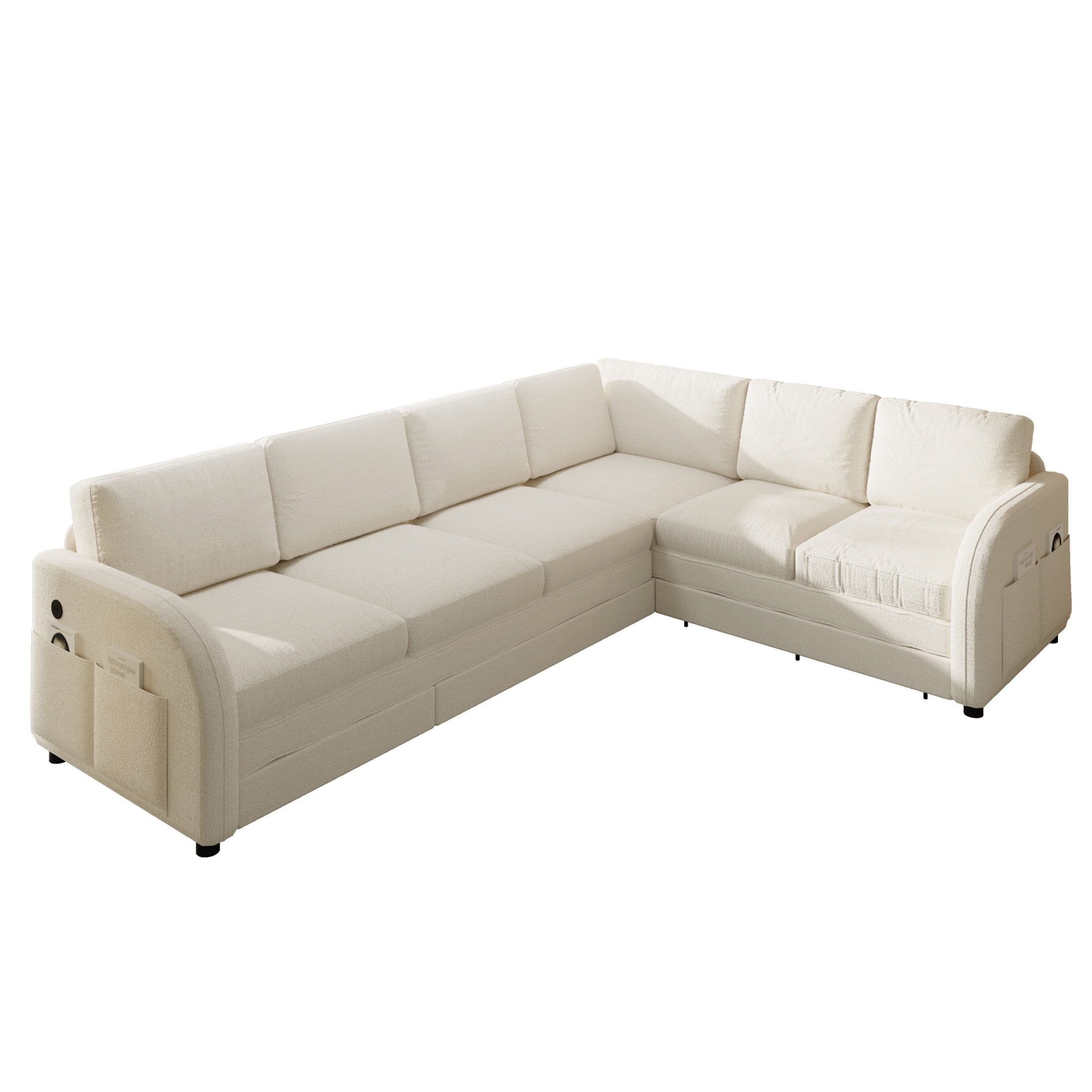 Noble House Bryan 115.2" L-Shaped Sherpa Fleece Convertible Sleeper Sectional with Charging Ports, Beige White