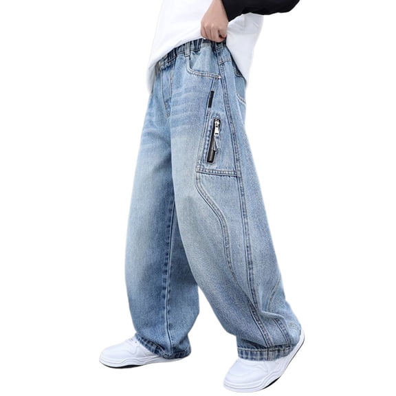 CONZONE Boys Baggy Jeans Wide Leg Casual Jeans for Child Y2K Elastic Waist Fall Streetwear Denim Pants with Pockets