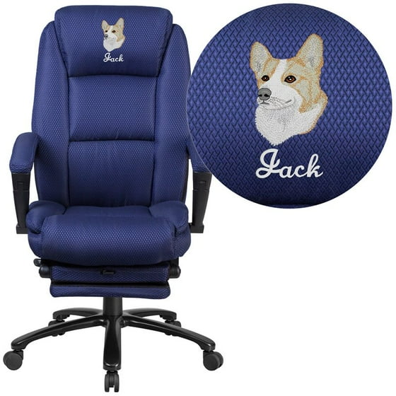 Embroidered High Back Navy Fabric Executive Reclining Swivel Office Chair With Comfort Coil Seat Springs And Padded Armrests