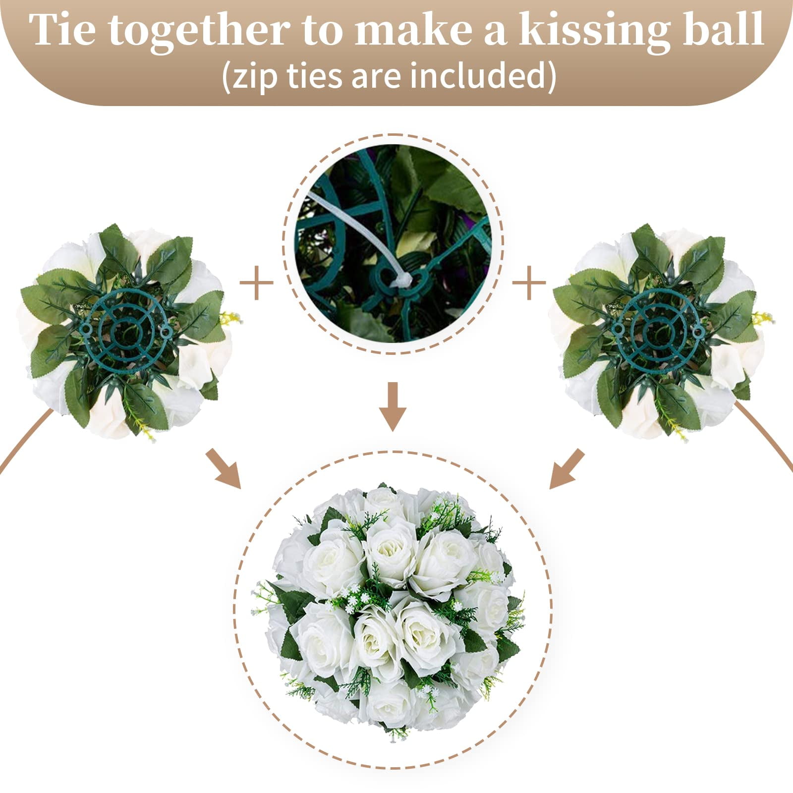Nuptio Set of 10 White Rose Artificial Flower Kissing ball, 15 Heads Fake Peony Silk Flowers Bouquet for Centerpiece Wedding Birthday Party Home Table Decor