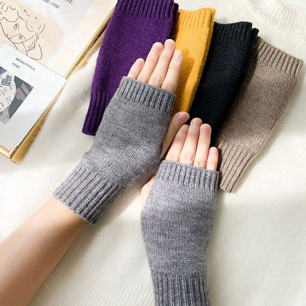 Guantes de punto de medio corte para mujer en invierno, bonitos guantes de medio dedo con dedos abiertos, cálidos guantes de lana para estudiantes