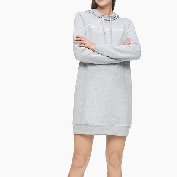 Calvin Klein Women's Gray French Terry Hooded Sweatshirt Dress Longe Sleeve  