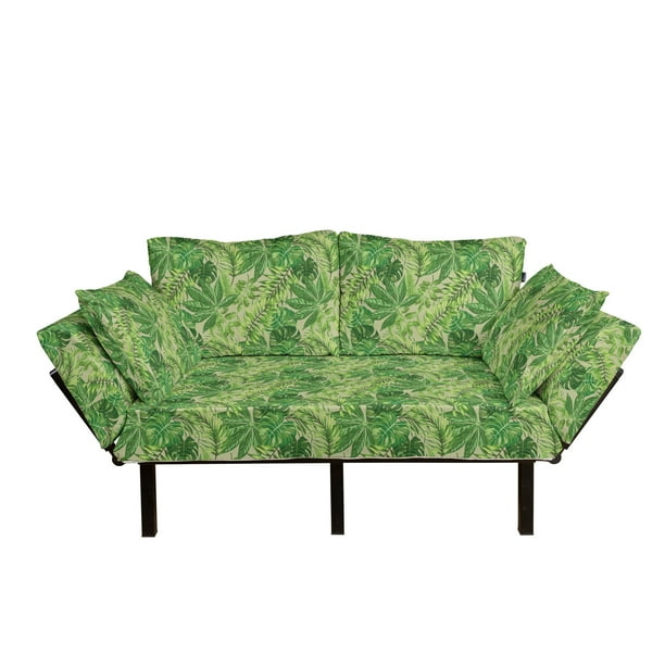 Green Leaf Futon Couch, Exotic Pattern with Tropical Leaves Fresh Jungle Aloha Hawaii, Daybed