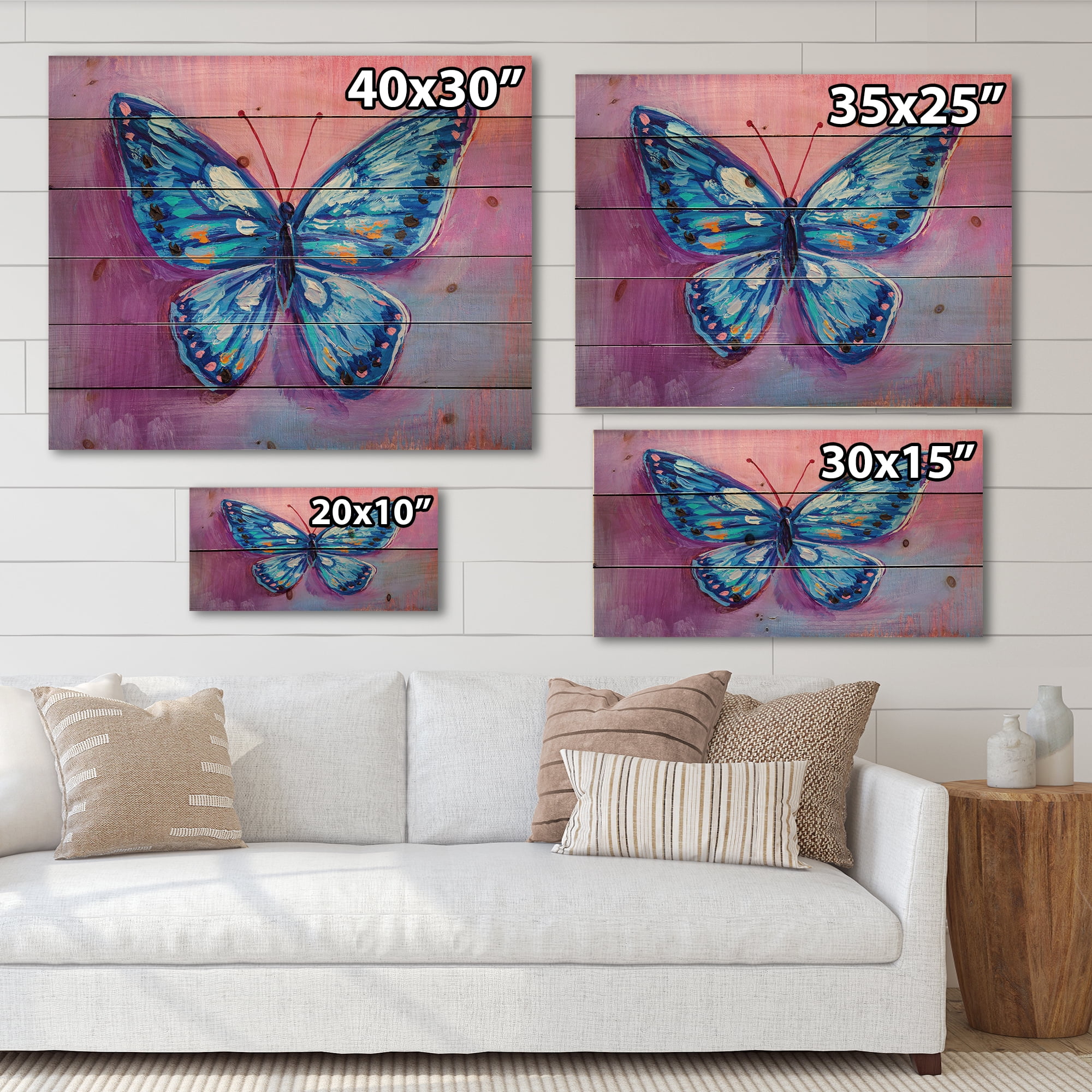 Designart 'Ancient Blue Butterfly I' Modern Print on Natural Pine Wood