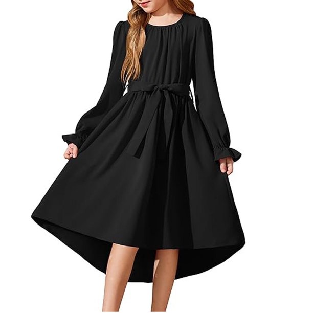 Vestido Largo de Manga Larga de Moda Y Cómodo Color Sólido con Cinturón para las Niñas, Falda Plisada para el Vestido de Cumpleaños para las Niñas