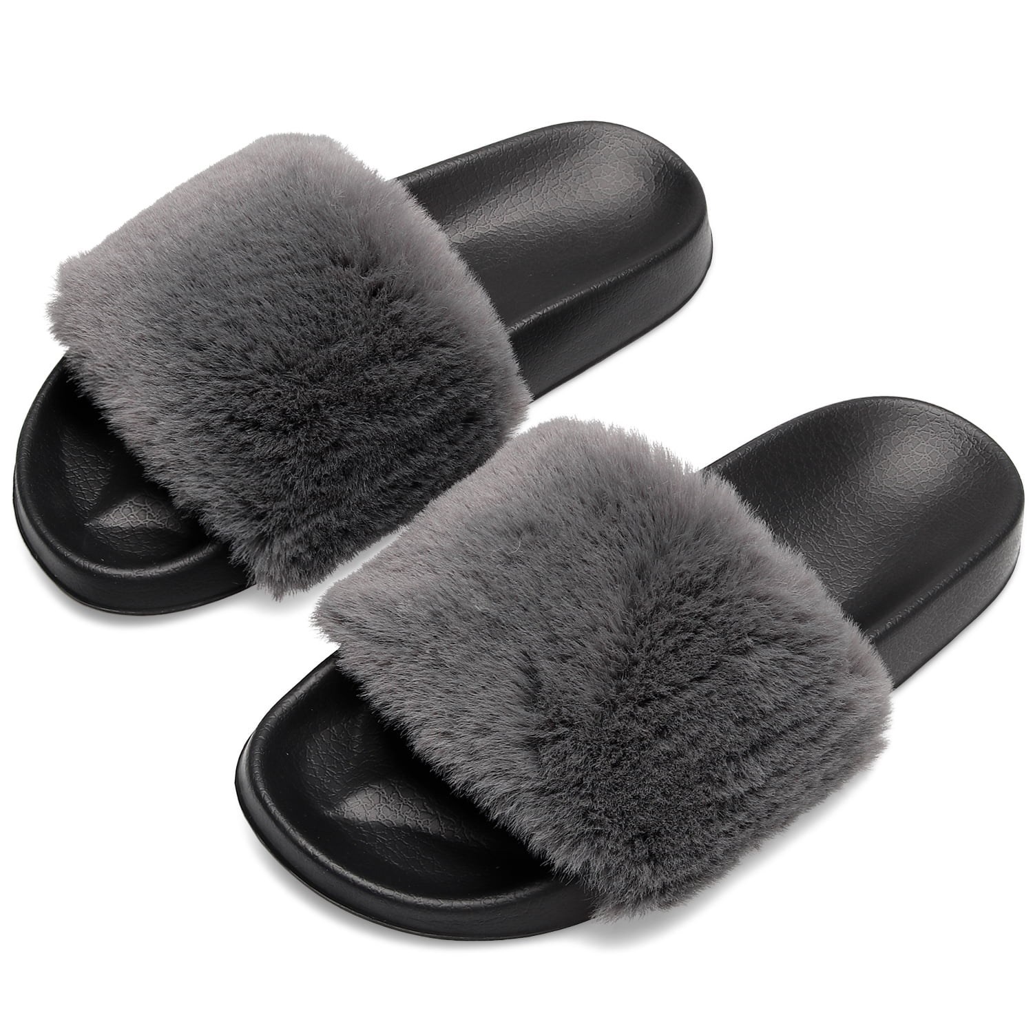 black fuzzy slides women