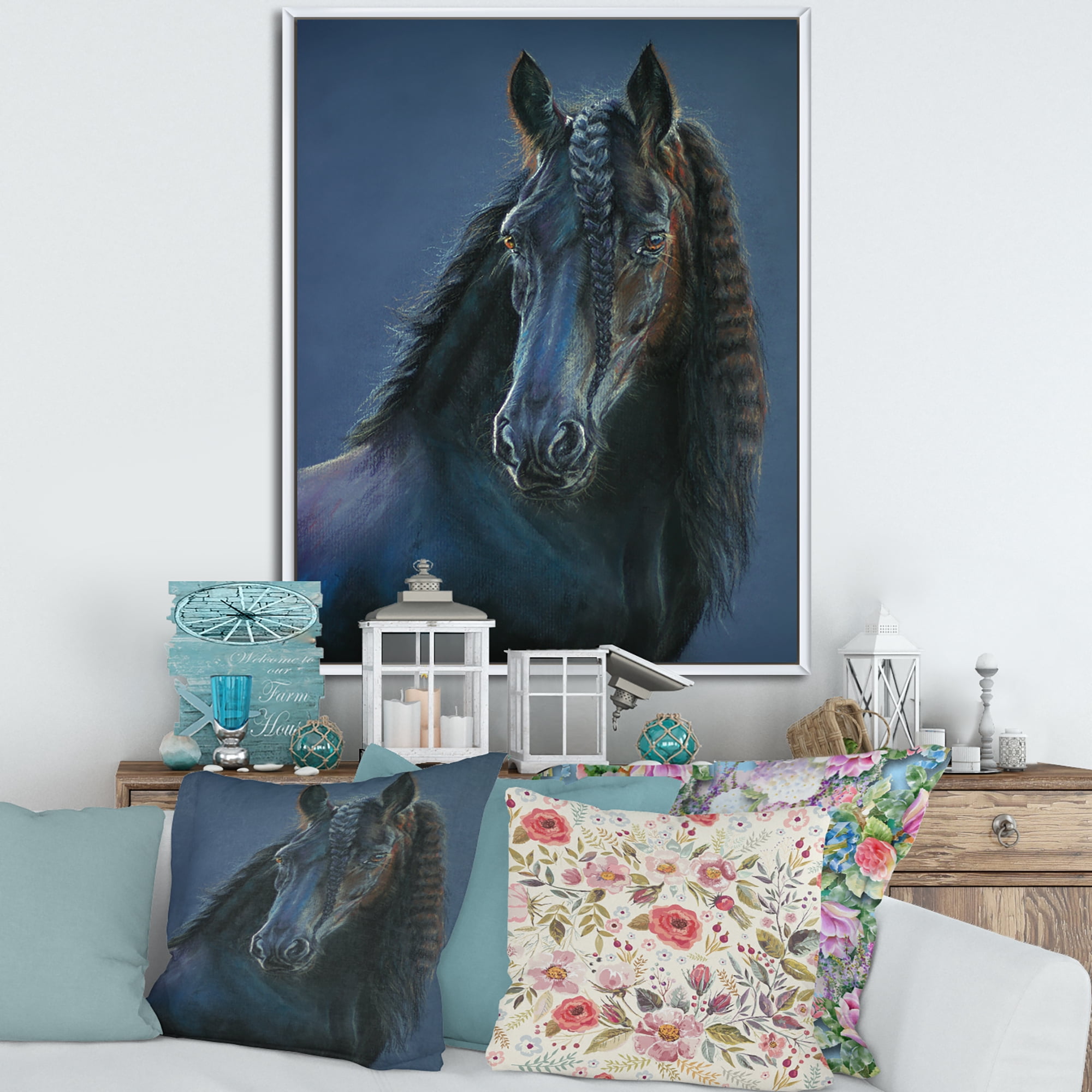 Designart 'Frisian Black Horse Portrait' Farmhouse Framed Canvas Wall Art Print