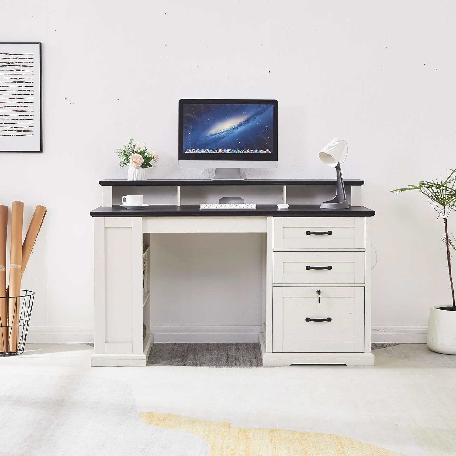 55”Farmhouse Executive Desk with Side Bookshelf, Home Office Desk with Monitor Stand, 2 Drawers & Lockable File Cabinet,Rustic Computer Desk with Built-in Power Outlet (55")