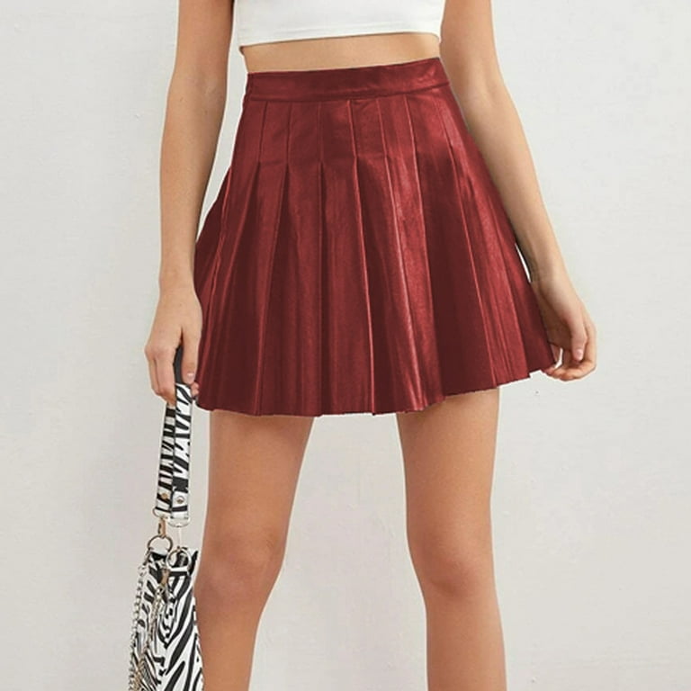 WTXUE Skirts for Women Pleated Skirt Waist High Leather Skirt Short Elegant Solid Women s Skirt Dark Red M