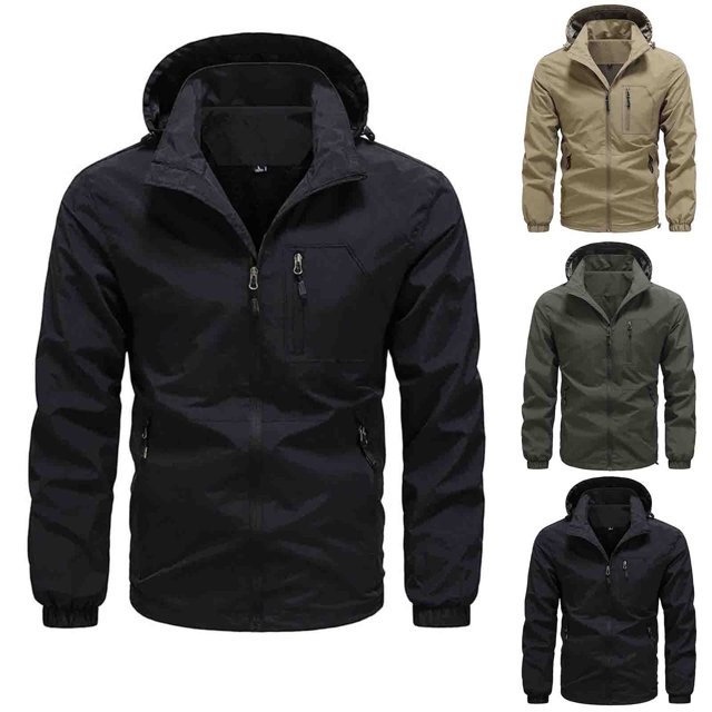 Sentmoon Coats Solid Color Long Sleeve Hooded Neck Jackets for Men Oversized Zipper Windbreaker Waterproof Mens Clothes Fall and Winter Delightful for Commuting and Bike Riding Khaki XXXXL