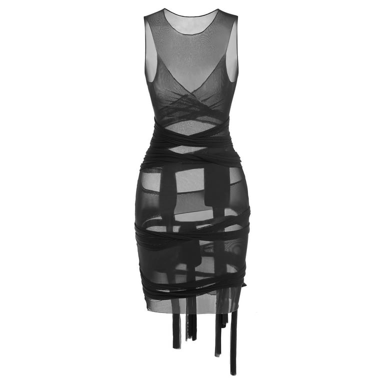sheer mesh wrap tie slinky bandage dress Sheer Mesh Wrap-tie Slinky Bandage Dress In BLACK