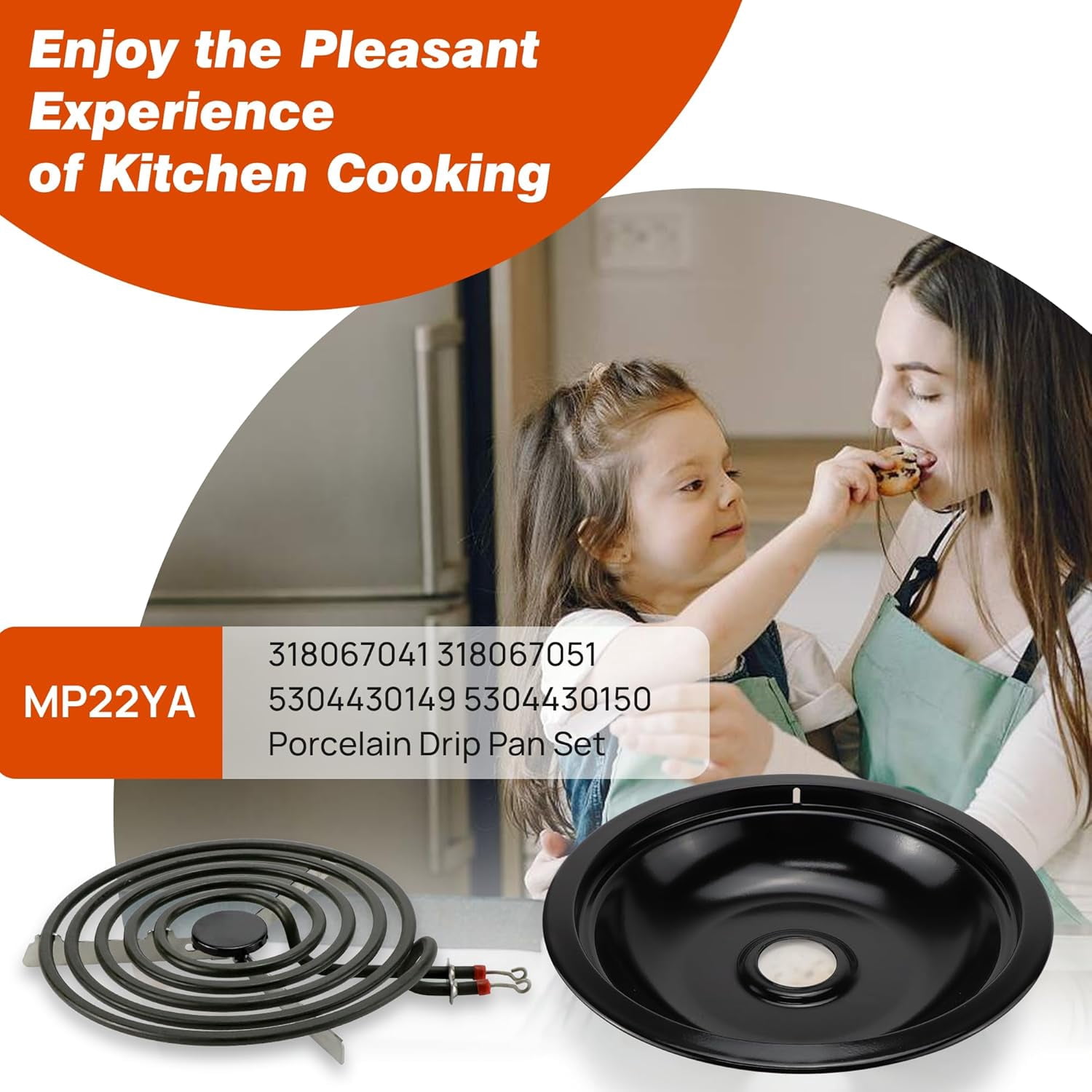 Electric Stove Range Burner Element MP22YA and Black Porcelain Drip Pans 318067041 318067051 Replace 5304430149 5304430150 Compatible with Frigidaire Ken-more | Upgrade by