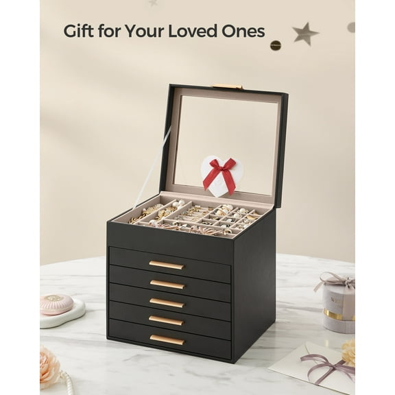 6-Layer Jewelry Box Organizer with Glass Lid, 5-Drawer Velvet Lined Storage for Necklaces Rings Bracelets, Graphite Black and Gold