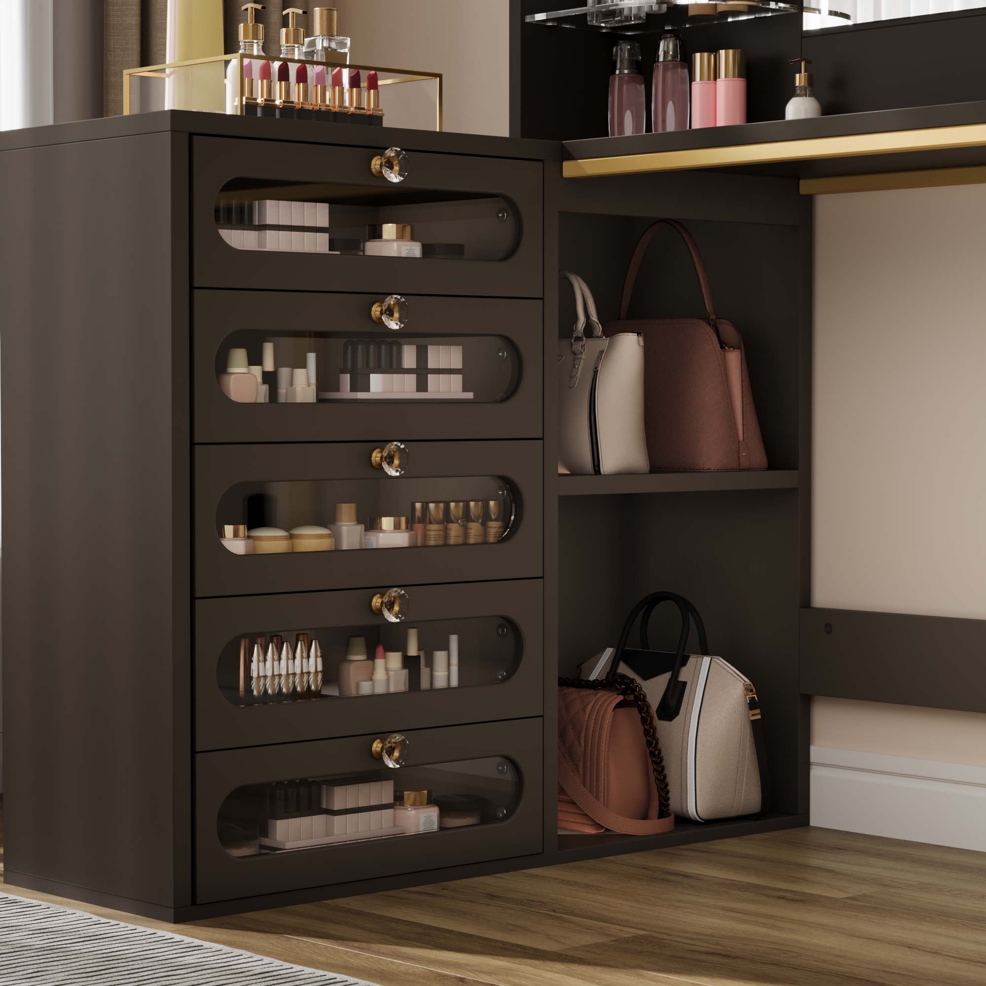 Uforic Black Corner Makeup Vanity Desk Set with Stool, LED Mirror, Glass Drawers