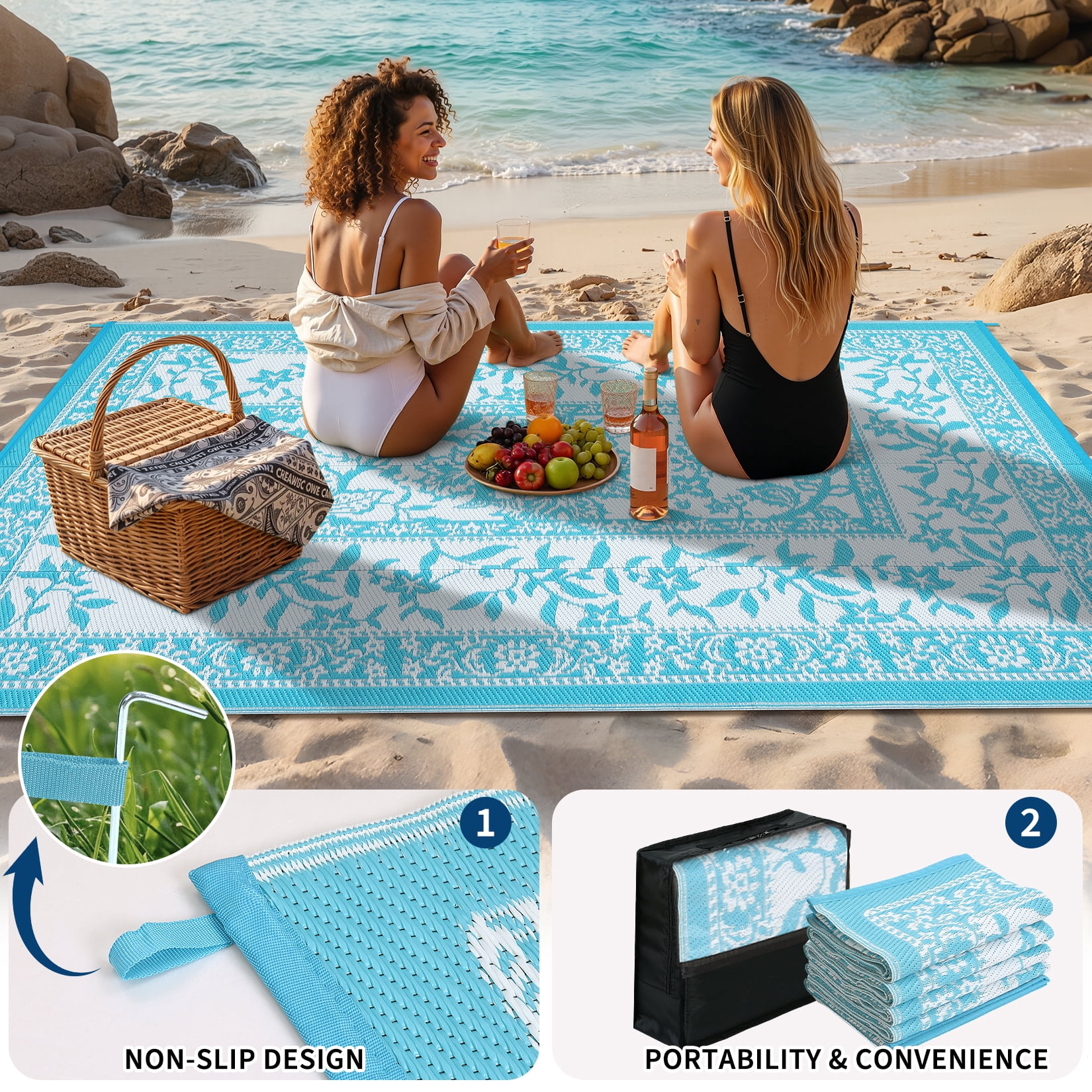 Garvee Outdoor Rug 8x10ft Waterproof Reversible Foldable Plastic Straw Rug, Modern Floral Border Outdoor Mat for Patio, Camping, RV, Deck, Porch, Balcony, Light Blue/White