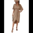 thumbnail image 3 of Vestidos de Corta para Mujer, Cuello en V, Plisados, Ajustados, Fluidos, con Vuelo, Corte Recto, Irregulares, Midi. Caqui XL, 3 of 9