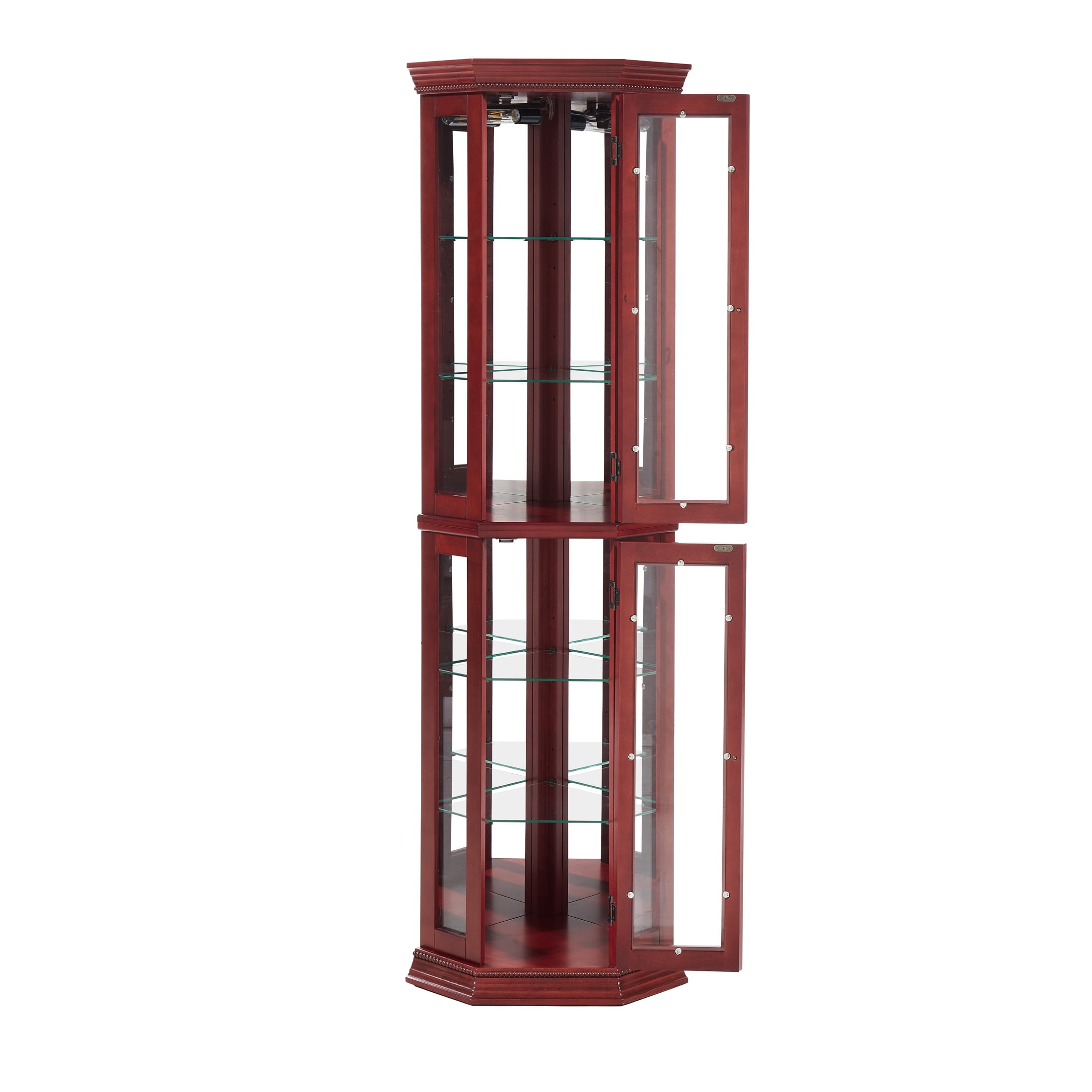 Aukfa Glass Storage Cabinet, Lighted Display Cabinet with Adjustable Shelves, Cherry