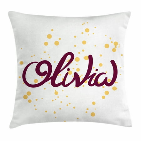 Olivia Throw Pillow Cushion Cover, Dotted Background with Calligraphic Traditional Female Name Illustration, Decorative Square Accent Pillow Case, 16 X 16 Inches, Maroon and Mustard, by