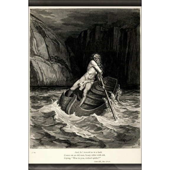 24"x36" Gallery Poster, Gustave Dore illustration to Dante's Inferno. Plate IX Canto III Arrival of Charon. 1857