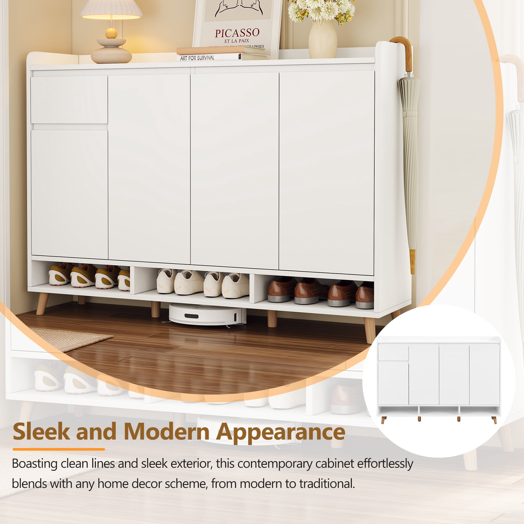 Aukfa Shoe Cabinet, Freestanding Shoes Organizer Cabinet with Adjustable Shelves for Entryway, White