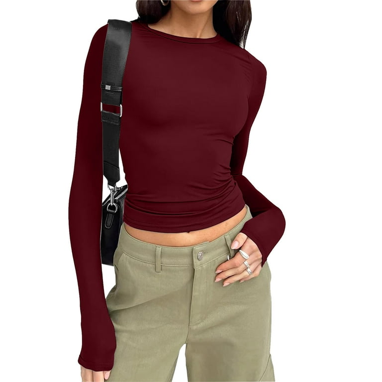 T Shirts for Women Long Torso Womena s Slim Tops Long Sleeve Round Neck Crop Top Tee Shirt Basic Solid Tight Slim Fit Cropped Shirt Workout Yoga XL Walmart