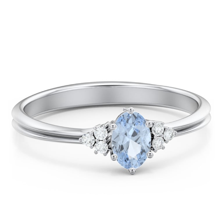 Birthstone Oval Ring with Shoulder Accents - Aquamarine (March)