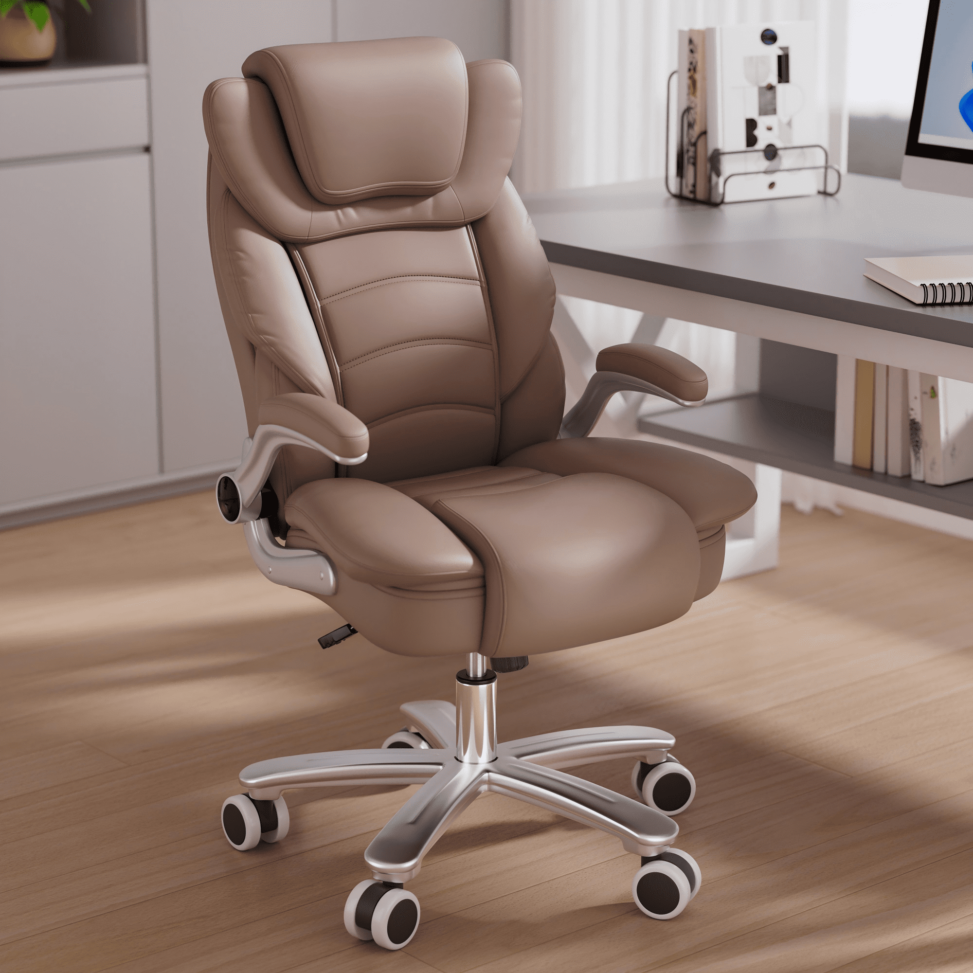 HomeZeer Big and Tall Office Chair 400lbs, High Back Leather Executive Office Chair with Adjustable Armrest, Modern Ergonomic Office Chair with Wide Seat and Lumbar Support, Brown
